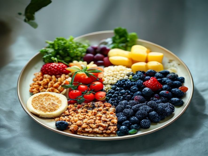 Visual representation of balanced plate showing protein, carbohydrates, and healthy fats